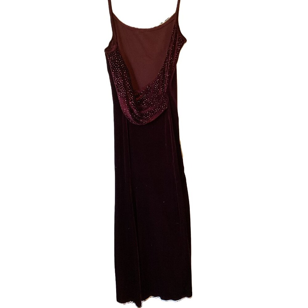 Jessica McClintock long burgundy velvet low back spandex dress